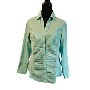 Zac & Rachel Auquamarine Princess Cut Button Up Ribbed Front V-neck Top Sz L